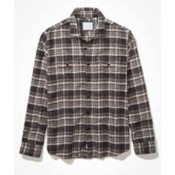 AE American Eagle Super‎ Soft Flannel Plaid Shirt Button Down Gray Size Large - Picture 1 of 9